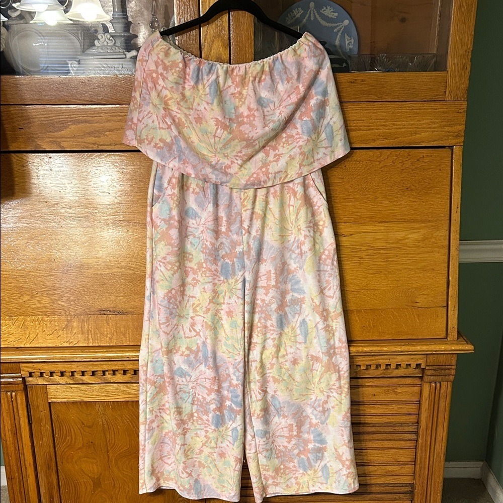 Cottagecore Boho Chic Pastel Tie Dye Off The Shoulder Wide Leg‎ Jumpsuit Large
